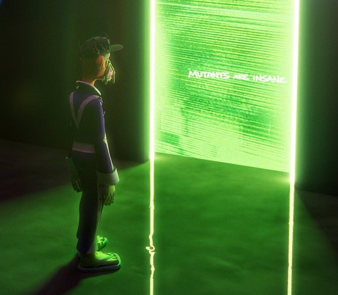 A 3D-rendered character in a dark uniform and cap stands facing a glowing green rectangular portal displaying the text 'MUTANTS ARE INSANE'.