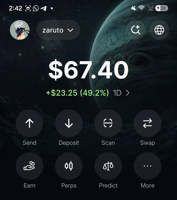 A cryptocurrency wallet app screenshot showing a balance of $67.40 with a 24-hour increase of +$23.25 (49.2%) for user 'zaruto', featuring action buttons for Send, Deposit, Scan, Swap, Earn, Perps, Predict, and More.