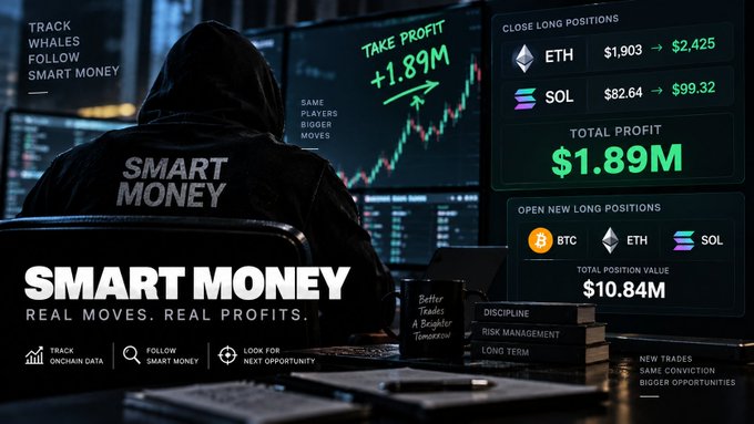 A promotional banner for 'SMART MONEY' featuring a hooded figure in front of trading screens, displaying crypto profit figures including ETH at $1,903 → $2,425, SOL at $82.64 → $99.32, a total profit of $1.89M, and a total position value of $10.84M with new BTC, ETH, and SOL long positions.