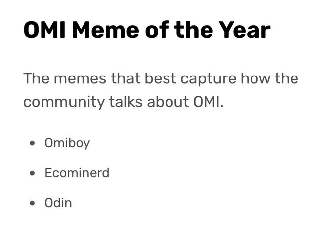 A slide titled 'OMI Meme of the Year' lists bullet points including Omiboy, Ecominerd, and Odin.