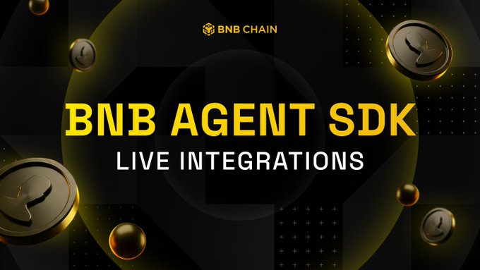 The image features a banner for an event related to Bitcoin Core. The banner displays the text "BNB AgentSDK Live Integrations" along with a gold circle containing several coins, symbolizing the integration of Bitcoin Core into the Bitcoin network.
