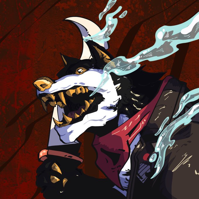 An edgy anime-style illustration of an anthropomorphic wolf or dog character with bared fangs, wearing a dark outfit with a red scarf, set against a blood-red background with stylized blue water/energy splashes.