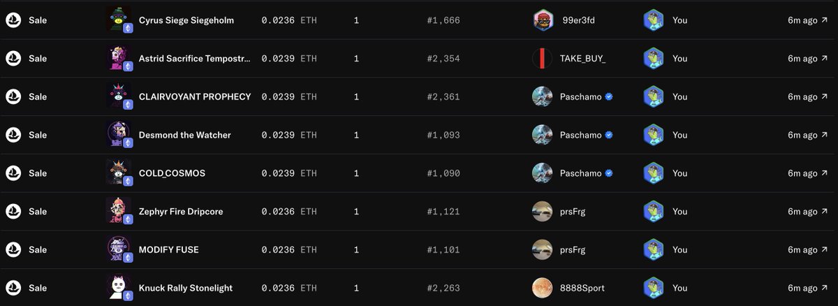 The image shows a list of recent NFT purchases on what appears to be OpenSea, all marked as "Sale" transactions with prices ranging from 0.0236 to 0.0239 ETH, all purchased 6 minutes ago by the user. The buys include Archetype characters like "Cyrus Siege Siegeholm," "Astrid Sacrifice Tempostranger," "CLAIRVOYANT PROPHECY," "Desmond the Watcher," "COLD_COSMOS," "Zephyr Fire Dripcore," "MODIFY FUSE," and "Knuck Rally Stonelight," aligning with the poster's mention of scooping up multiple "Late Stage Archetypes" by WizardX_0x during the morning dip.