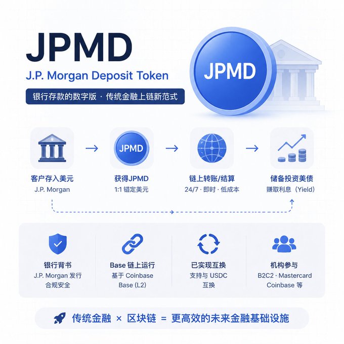 This image illustrates the JPMD (J.P. Morgan Deposit Token) as a digital version of bank deposits, enabling 24/7, low-cost, on-chain transfers and settlement by J.P. Morgan on Coinbase's Base (L2). The diagram visually explains the process from client deposit to earning yield, highlighting its regulated and secure nature.