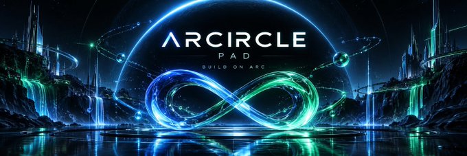 Promotional banner for "ARCIRCLE PAD" with the tagline "BUILD ON ARC," featuring a glowing blue and green infinity symbol set against a futuristic sci-fi landscape.