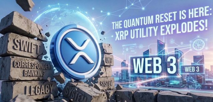 A promotional graphic featuring the XRP cryptocurrency logo breaking through stone walls, with text reading 'THE QUANTUM RESET IS HERE: XRP UTILITY EXPLODES!' and 'WEB 3'.