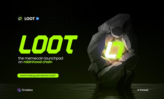 A promotional image for "LOOT, the memecoin launchpad on robinhood chain," featuring the bold neon green LOOT logo alongside a rocky monolith with an embedded "LO" symbol, paired with text reading "what if holding paid attention back?" — visually reinforcing the post's theme about the fleeting nature of attention in memecoin culture. The image's central question about rewarding sustained engagement directly illustrates the author's point about how projects struggle to maintain interest long after the initial hype dies down.