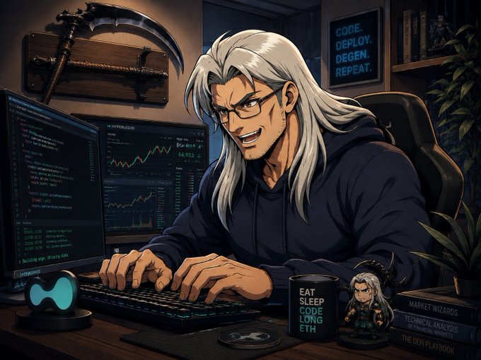 An anime-style developer with long silver hair and glasses intensely types code at a dual-monitor setup displaying code and crypto charts, surrounded by programmer decor including a scythe mounted on the wall and a "CODE. DEPLOY. DEGEN. REPEAT." sign, with a coffee mug reading "EAT SLEEP CODE LONG ETH" and books titled "MARKET WIZARDS," "TECHNICAL ANALYSIS," and "THE DEFI PLAYBOOK."

The image illustrates the post's theme of using AI tools in Web3, depicting the archetype of a dedicated crypto/AI developer deep in their workflow—matching the "EAT SLEEP CODE LONG ETH" grind culture the author references while highlighting how tools like Claude AI have become essential workspaces for serious builders in the space.