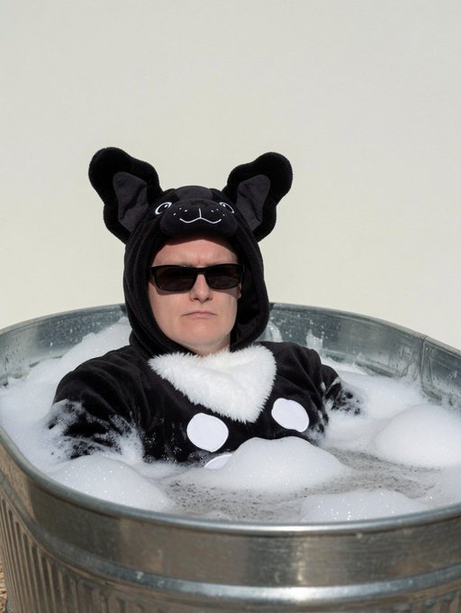 A person wearing sunglasses and a black bat costume with ears sits in a metal tub filled with bubbles.