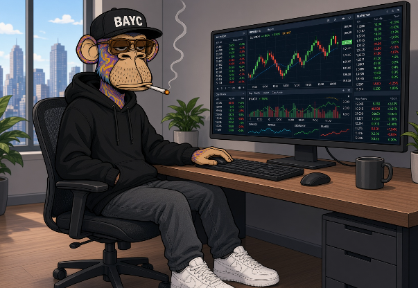 A digital illustration of a Bored Ape character wearing a BAYC cap, smoking a cigarette, and sitting at a desk with stock trading charts on a large monitor.