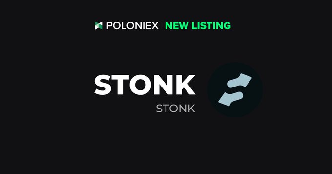 A black graphic announcing 'POLONIEX NEW LISTING' for a cryptocurrency called 'STONK', featuring the Poloniex logo and a blue logo for the token.