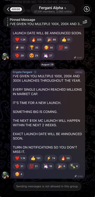 Telegram chat screenshot from 'Fergani Alpha' group pinning messages from Crypto Fergani announcing multiple 100X/200X/300X launches, hinting that 'THE NEXT $10K MC LAUNCH WILL HAPPEN WITHIN THE NEXT 2 WEEKS.'