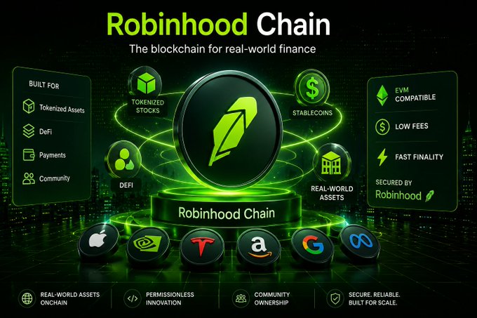 A promotional graphic for Robinhood Chain, subtitled 'The blockchain for real-world finance,' highlighting features like tokenized stocks, stablecoins, DeFi, and real-world assets, secured by Robinhood with EVM compatibility and low fees.