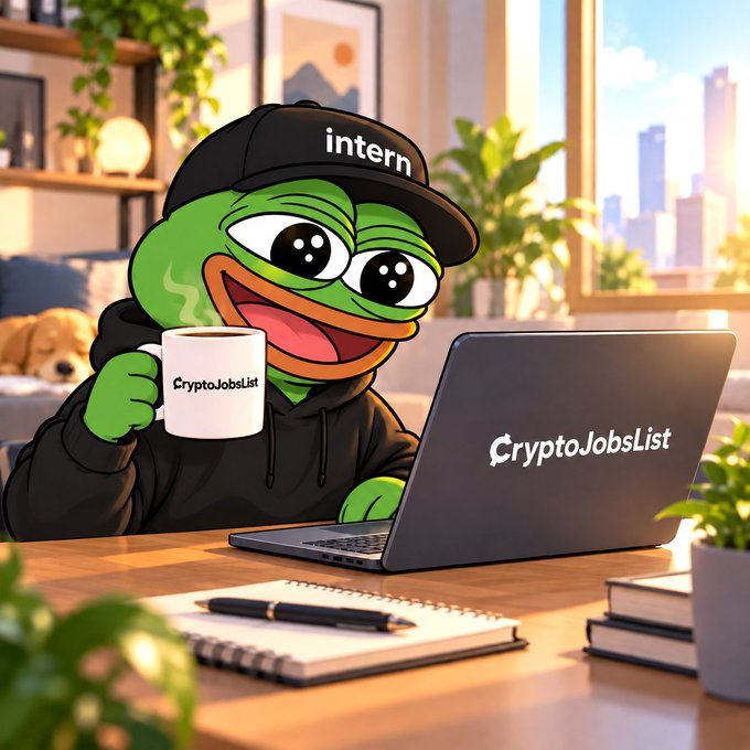A Pepe-style frog wearing an "intern" cap enjoys a morning coffee from a "CryptoJobsList" mug while browsing the CryptoJobsList website on a laptop, perfectly matching the weekend workaholic vibe of the post's "GM" greeting to those who can't help checking the job board even on weekends.
