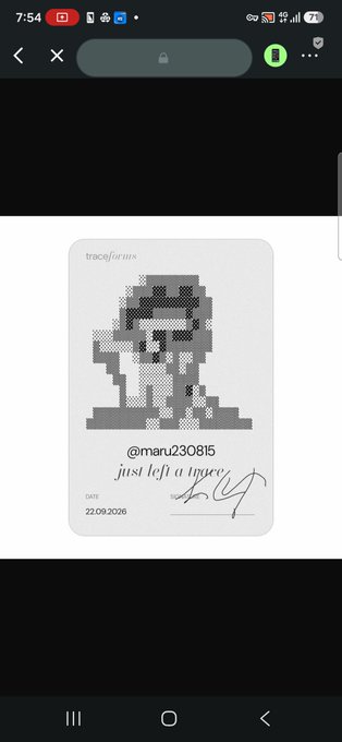 A digital card displaying a pixelated figure with the username '@maru230815', the text 'just left a trace.', and the date '22.09.2026'.
