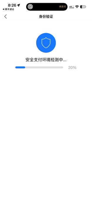 A smartphone screenshot shows a Chinese identity verification page ("身份验证") with a shield icon and a progress bar at 20% for "安全支付环境检测中" (secure payment environment detection in progress). This illustrates the user pausing their humorous anecdote about using a Gate U card at a foot spa, where the unexpected security check prompted curious stares from the staff.