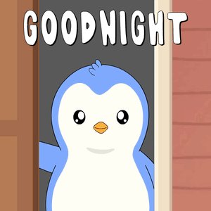 The image features a cartoon penguin standing by an open door with its arms outstretched. Above the penguin's head, there is text that reads "Good night", and below the penguin's feet, there is text that says "$LYNK up @ GM tomorrow". The overall layout of the image suggests it could be part of a larger collection or series related to the post.