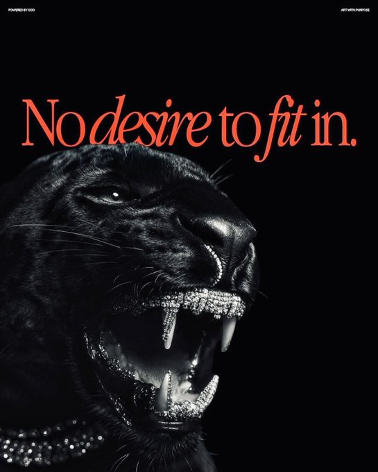 A snarling black panther with diamond-encrusted teeth and chain appears beneath bold red italic text reading "No desire to fit in," with "POWERED BY DUO" in the top left and "ART WITH PURPOSE" in the top right. The image's fierce, rebellious aesthetic and unapologetic tagline reinforce the post's motivational call to dominate the day with confidence and individuality.