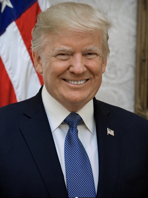 An official-looking portrait of Donald Trump smiling, wearing a dark suit and a blue tie with an American flag pin.