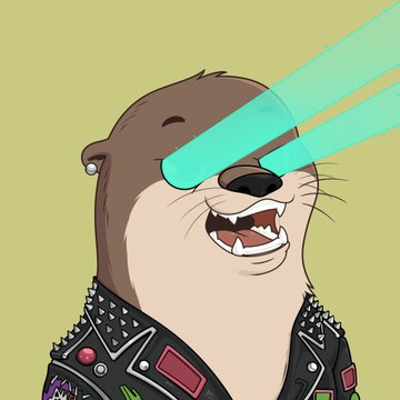 A cartoon illustration of a smiling otter wearing a studded black leather jacket, with glowing cyan laser beams shooting from its eyes against a pale yellow background.