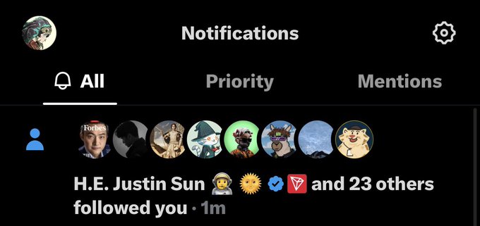 A Twitter/X notifications page displays that "H.E. Justin Sun" and 23 others have followed the user, with a timestamp of 1m. The image relates to the post "我的男友孙宇晨" ("My boyfriend Justin Sun") as it provides visual evidence of Justin Sun's account following the user, supporting the claim of a personal connection.