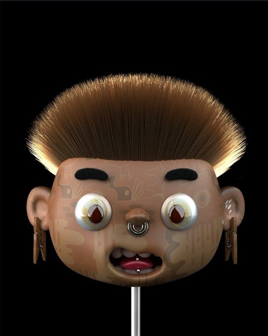 A 3D rendered toy-like character with spiky brown hair, large eyes, a nose ring, and tattoos is displayed on a stick against a black background.