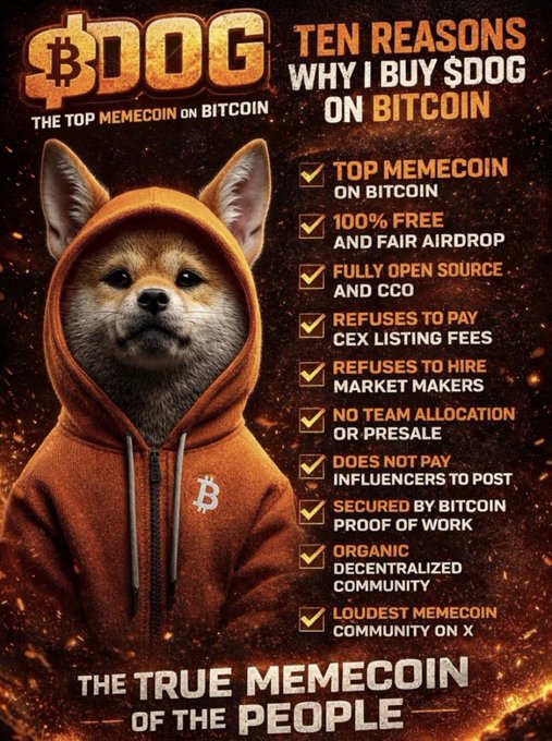 Promotional graphic for $DOG, billed as 'THE TOP MEMECOIN ON BITCOIN,' featuring a Shiba Inu dog in an orange hoodie with a Bitcoin logo, listing ten reasons to buy the token including '100% FREE AND FAIR AIRDROP' and 'NO TEAM ALLOCATION OR PRESALE.'