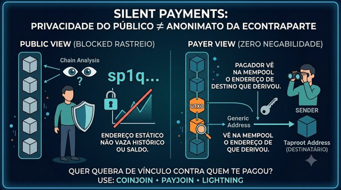 An infographic titled "SILENT PAYMENTS" in Portuguese explaining cryptocurrency privacy, contrasting "PUBLIC VIEW" (chain analysis) with "PAYER VIEW" (zero negability) and suggesting CoinJoin, PayJoin, or Lightning to break payment linkage.