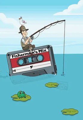 Cartoon illustration of a fisherman sitting on a floating cassette tape labeled 'Fisherman's Mix' while fishing in the ocean.