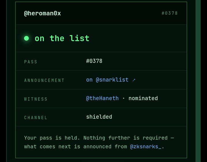 A digital interface displays 'on the list' for user @heroman0x with pass #0378, noting a witness nomination from @theHaneth and a shielded channel.