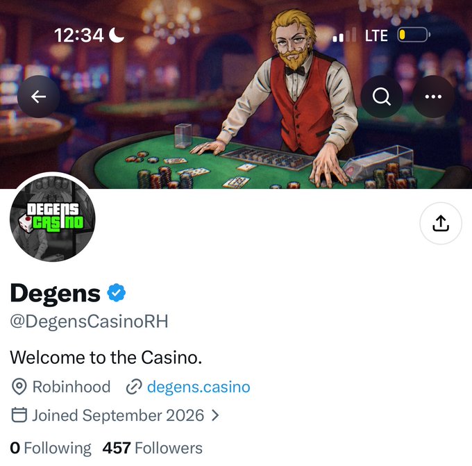 The image shows the Twitter/X profile of "Degens" (@DegensCasinoRH), featuring a verified account with a cartoon avatar of a blond man at a card table, displaying a bio that reads "Welcome to the Casino," linked to degens.casino with a Robinhood location and 457 followers. The post caption suggests excitement about the Casino launching on Robinhood in its super early stages, inviting others to keep tabs on this emerging project.