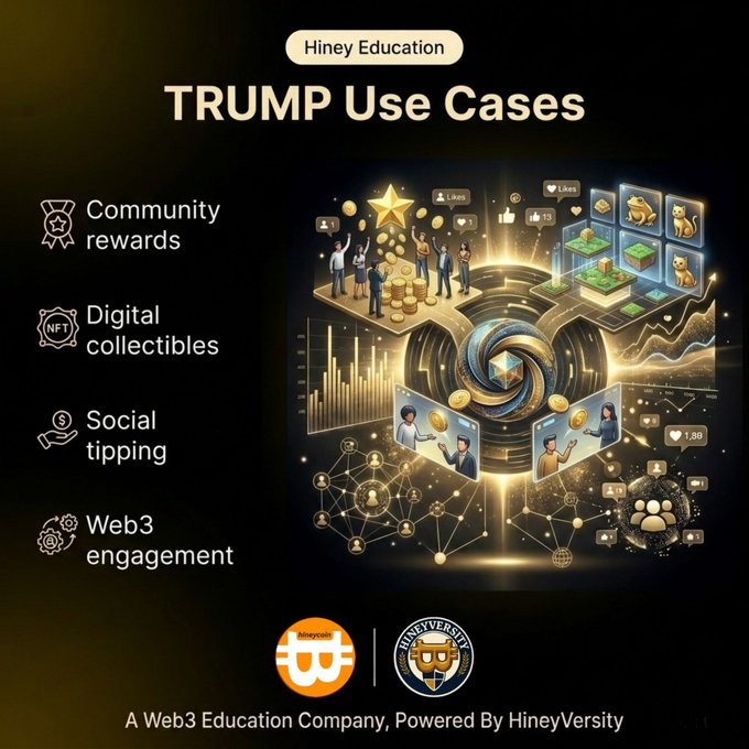 " TRUMP USE CASES" is written above a screenshot of an art project that appears to be about Bitcoin or Blockchain technology. The text "Web3" suggests this artwork might be related to web3, while $TRUMP refers to Donald Trump, a former US president. The main focus of the post seems to be on social media marketing and engagement using Bitcoins as the currency for transactions.