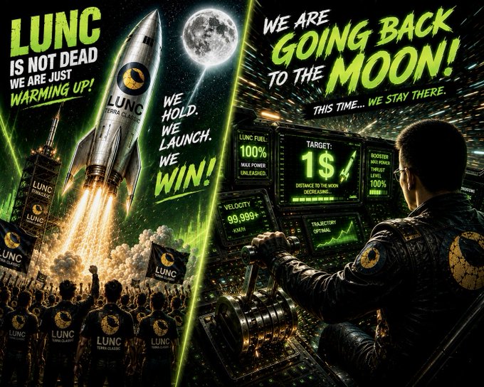 A high-energy crypto promotional image split into two scenes: on the left, a "LUNC TERRA CLASSIC" rocket launches with the text "LUNC IS NOT DEAD — WE ARE JUST WARMING UP!" and "WE HOLD. WE LAUNCH. WE WIN!" above a cheering crowd; on the right, a pilot at a control panel displays "TARGET: $1" and "GOING BACK TO THE MOON!" aligning with the post's rallying call for the LUNC community.