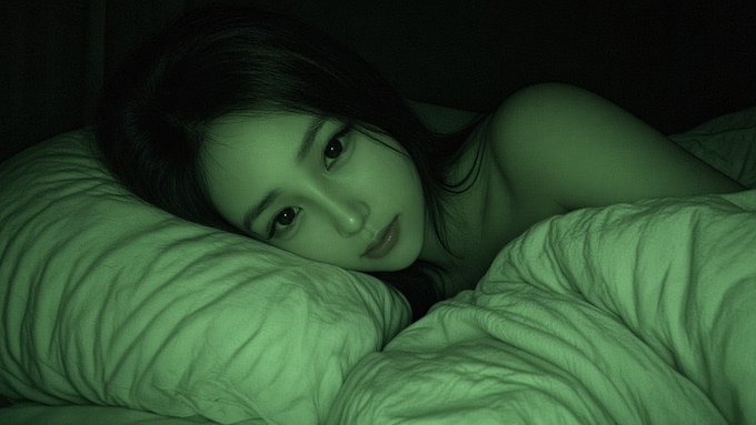 A moody, green-tinted photograph of a young woman lying on a white pillow with white sheets pulled up to her shoulders, gazing directly at the camera.