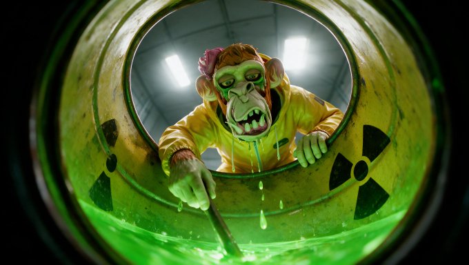 A scary green monkey in a yellow hazmat suit emerges from a glowing green radioactive waste drum marked with a nuclear symbol, dripping green slime while holding a stick.