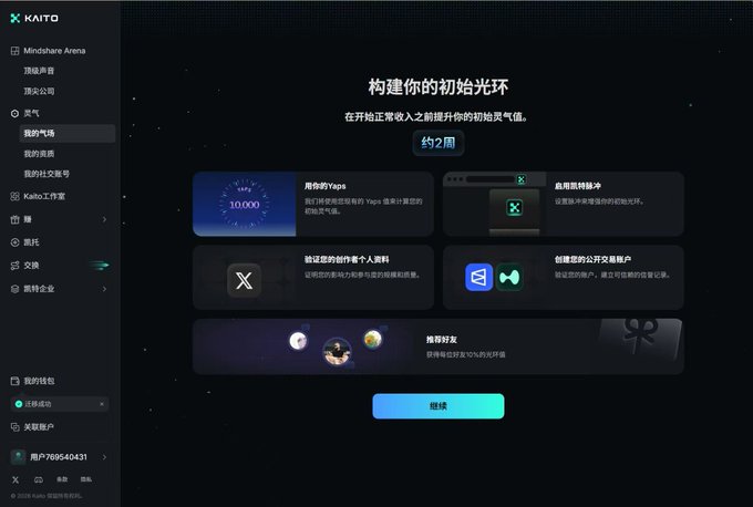 Kaito platform dashboard in Chinese showing '构建你的初始光环' (Build your initial aura) with options including '用你的Yaps,' '应用凯特脉冲,' '验证凯特的创作者个人资料,' '创建您的公开交易账户,' and a '继续' (Continue) button.