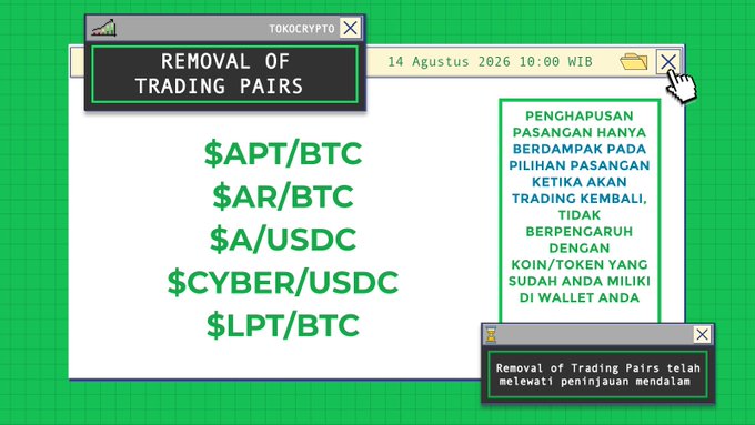 A Tokocrypto announcement graphic titled "REMOVAL OF TRADING PAIRS" displayed on a window interface with a green background, listing the five affected pairs—$APT/BTC, $AR/BTC, $A/USDC, $CYBER/USDC, and $LPT/BTC—scheduled for delisting on August 14, 2026 at 10:00 WIB, alongside Indonesian text explaining that the removal only affects trading options, not the underlying assets held in user wallets.