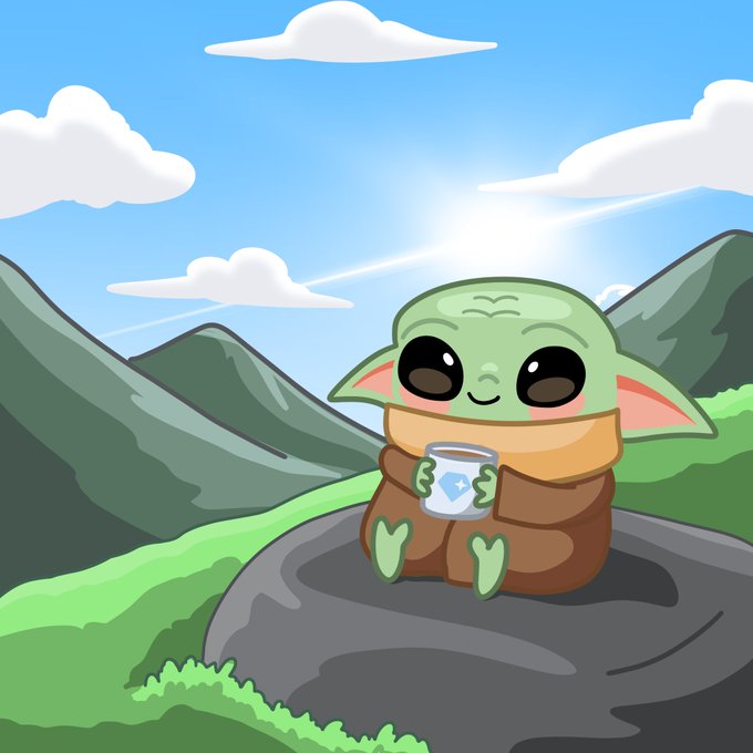 A cute cartoon illustration of a green Grogu (Baby Yoda) character wearing a brown robe and tan scarf, sitting on a rock while holding a mug with a star symbol, set against a bright sky with sun rays.