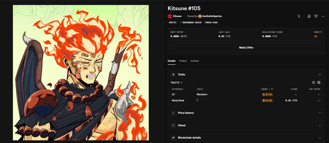 A screenshot of an NFT marketplace listing for 'Kitsune#105' by Aestheticism, showing a 2D animated character with fiery red hair and flames, priced at 0.0682 WETH on what appears to be OpenSea.