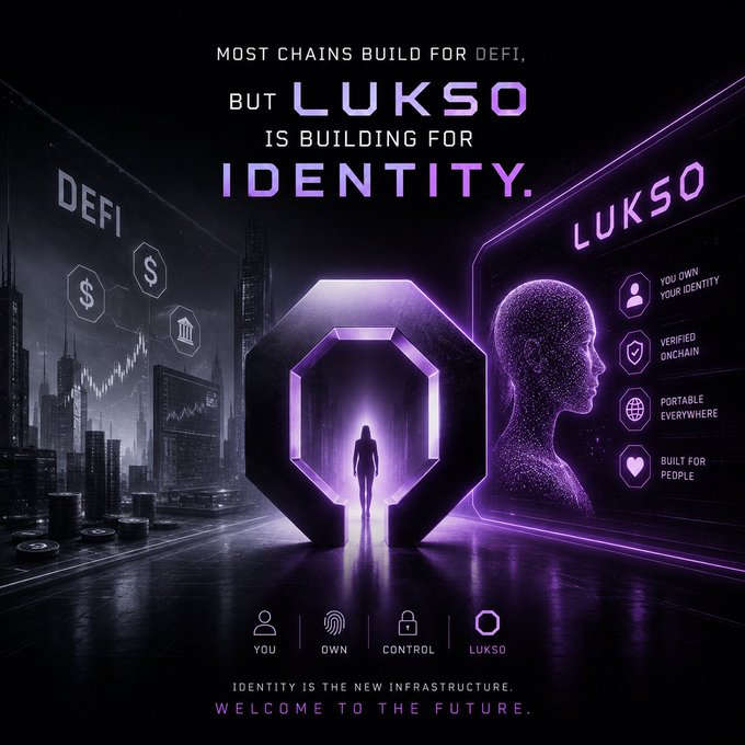 A futuristic purple promotional graphic for 'LUKSO' with the tagline 'MOST CHAINS BUILD FOR DEFI, BUT LUKSO IS BUILDING FOR IDENTITY,' featuring a person silhouette in a glowing portal and features like 'YOU OWN YOUR IDENTITY' and 'VERIFIED ONCHAIN.'