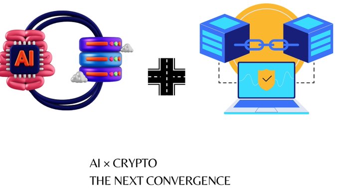 A graphic titled 'AI x CRYPTO THE NEXT CONVERGENCE' showing an AI chip connected to server databases via a plus sign.