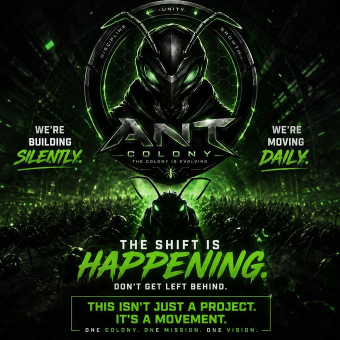 The image features a poster for "Ant Colon" with two images of a person wearing an ant costume. The poster includes text that reads "The shift is happening. Don't get left behind." This message seems to be related to the movie or show, as indicated by the title and the presence of the ant characters in the poster.