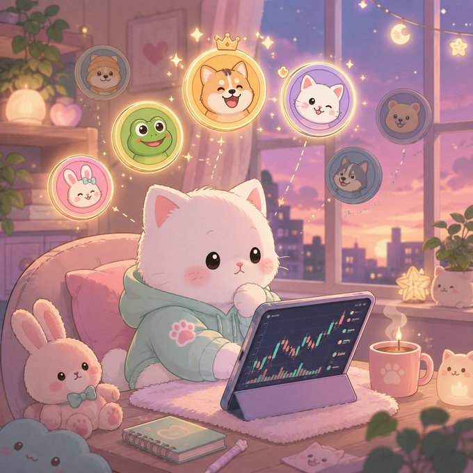 An illustration shows a white cat in a hoodie looking at a tablet displaying charts, surrounded by floating animal icons including a dog, frog, rabbit, and Shiba Inu.