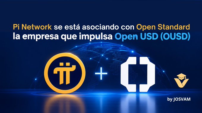 A promotional graphic in Spanish stating 'Pi Network se está asociando con Open Standard la empresa que impulsa Open USD (OUSD)' featuring the Pi and Open logos connected by a plus sign, credited 'by JOSVAM'.