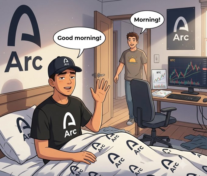 A cartoon illustration of two people in an 'Arc' branded bedroom, one sitting up in bed wearing an 'Arc' cap and shirt waving 'Good morning!' while another enters through the door saying 'Morning!', with a computer monitor displaying BTC charts in the background.