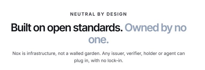 A minimal white graphic with the header "NEUTRAL BY DESIGN," the bold statement "Built on open standards. Owned by no one," and the subtext "Nox is infrastructure, not a walled garden. Any issuer, verifier, holder or agent can plug in, with no lock-in."