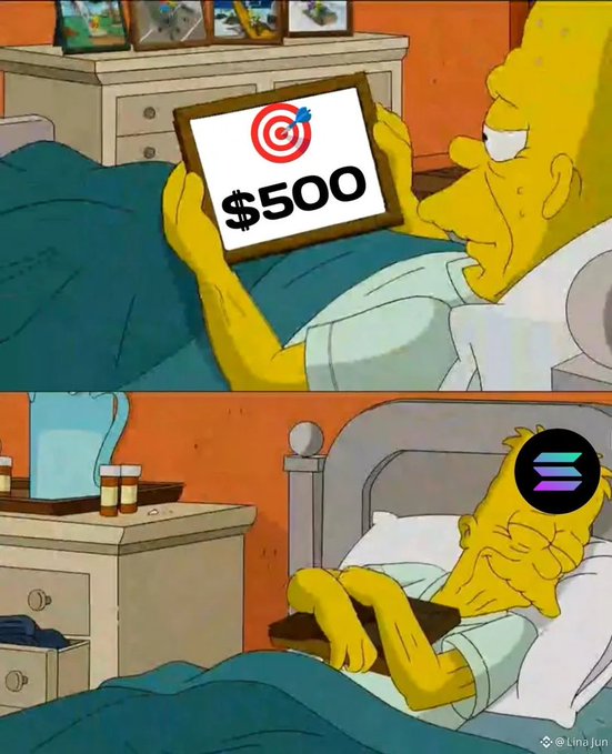A meme featuring Grandpa Simpson from The Simpsons holding a $500 target sign with an arrow in the bullseye in the first panel, then lying in bed contentedly in the second panel with a Solana logo overlaid on his face, humorously illustrating the post's hopeful aspiration for $SOL to reach $500.