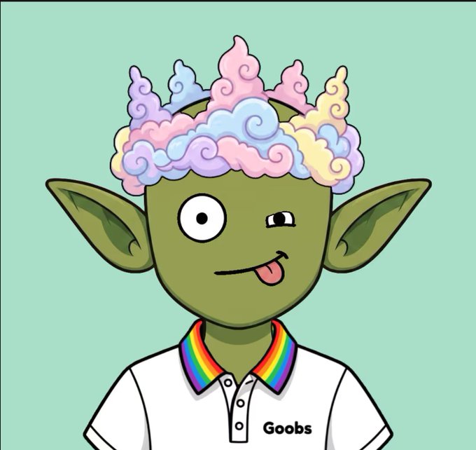 A cartoon green goblin-like character named 'Goobs' with a pastel cloud-like crown, sticking its tongue out and wearing a rainbow-collared shirt.