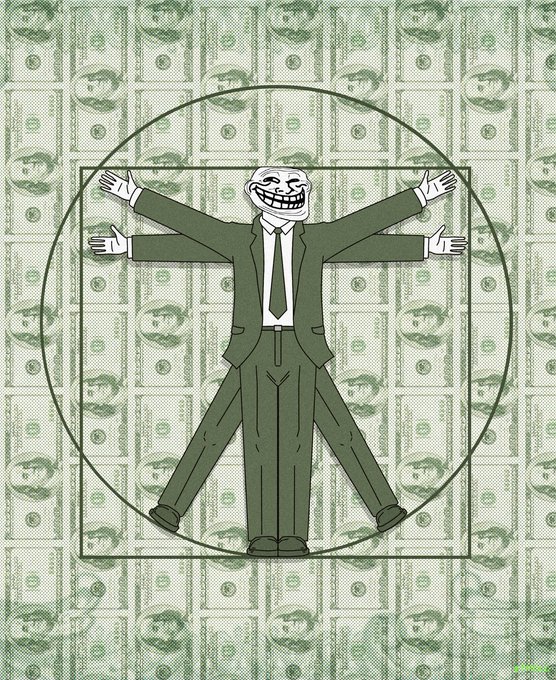The image features a cartoon depiction of a man dressed as a businessman, wearing a suit and tie with his arms outstretched. The man's body is split into four sections, each representing one leg, creating an interesting visual effect. The background consists of green money bills arranged in a circular pattern, which adds to the overall theme of the image. The caption below the image reads "GM if you believe in $troll".