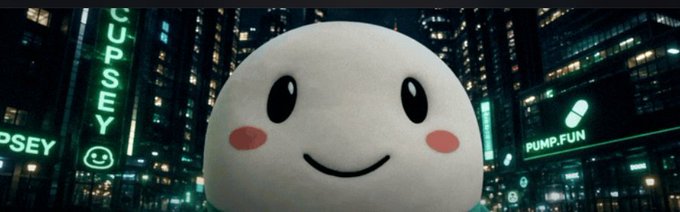 A round white smiling mascot with rosy cheeks stands in a neon-lit cyberpunk cityscape featuring signs for 'ODYSSEY' and 'PUMP.FUN'.